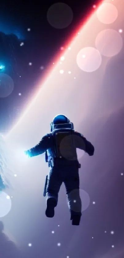 Astronaut floating in a cosmic dreamscape near a glowing planet.