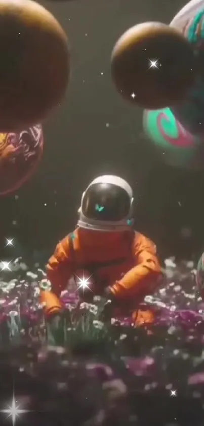 Astronaut among flowers and colorful planets floating in space.