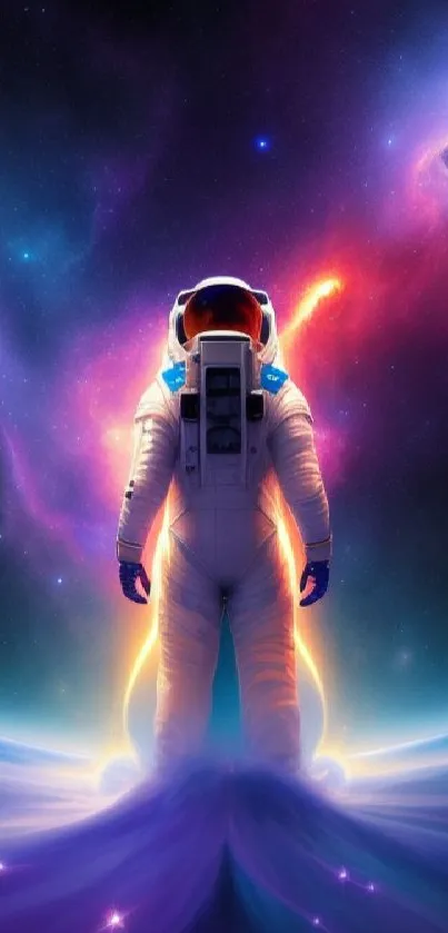 Astronaut standing in a vibrant cosmic landscape with galaxies and nebulae.