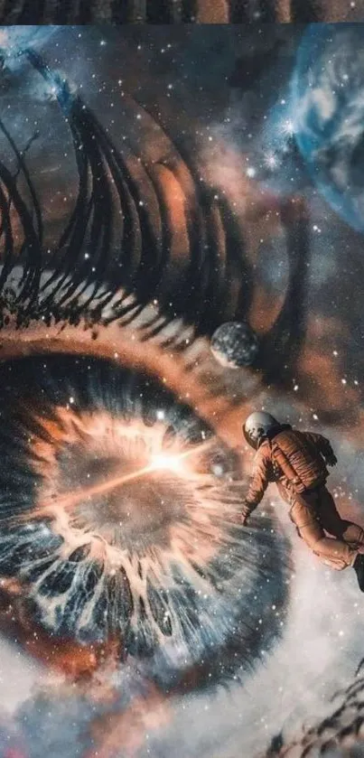 Surreal artwork of an astronaut exploring a cosmic eye in space.