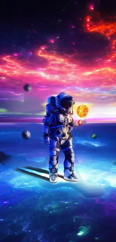 Astronaut in a colorful, cosmic universe holding a glowing orb.