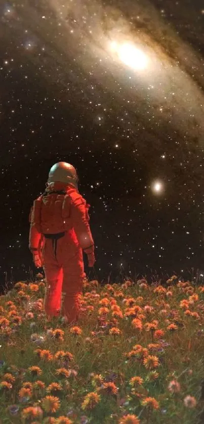 Astronaut in a flower field with a galaxy overhead.