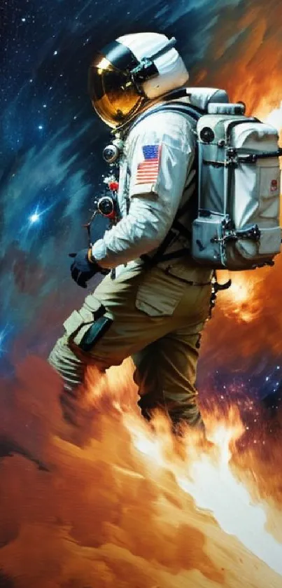 Astronaut emerges from fiery cosmic nebula in a stunning digital artwork.