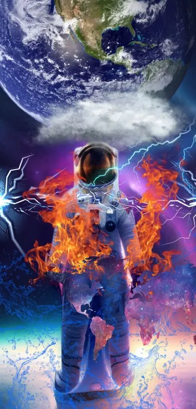 Astronaut surrounded by cosmic flames with Earth in the background.