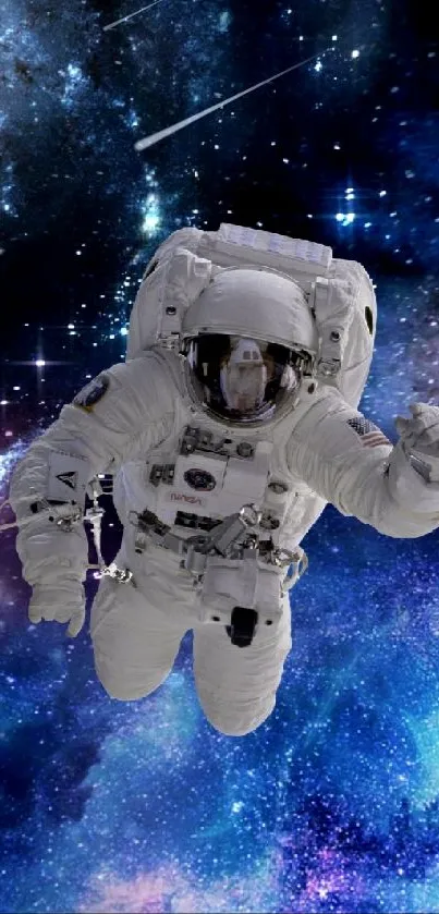 Astronaut floating in a star-filled galaxy with vibrant cosmic backdrop.