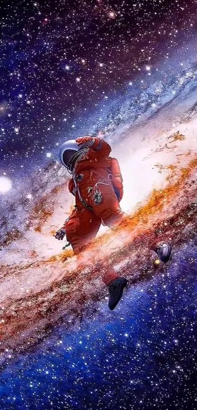 Astronaut floating in vibrant galaxy wallpaper.