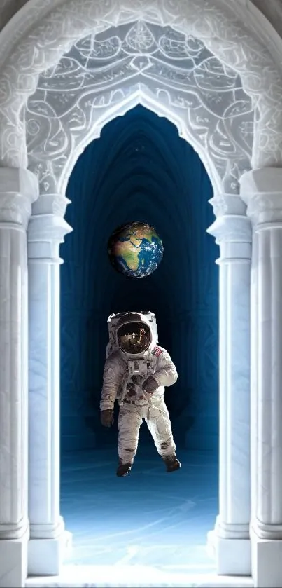 Astronaut floats through a cosmic gateway with Earth in the background.