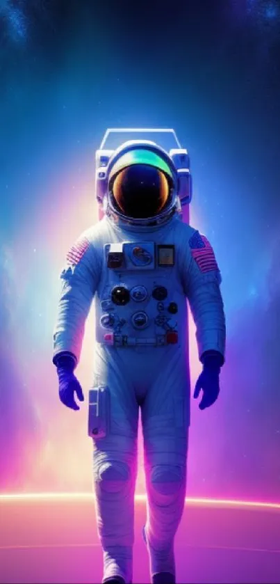 Astronaut walking in a colorful cosmic glow with planets and stars.