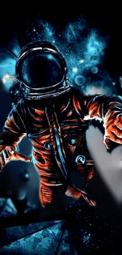 Astronaut floating in cosmic, galaxy-lit space with vibrant colors.