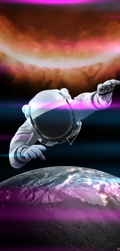 Astronaut floating above Earth with cosmic background.