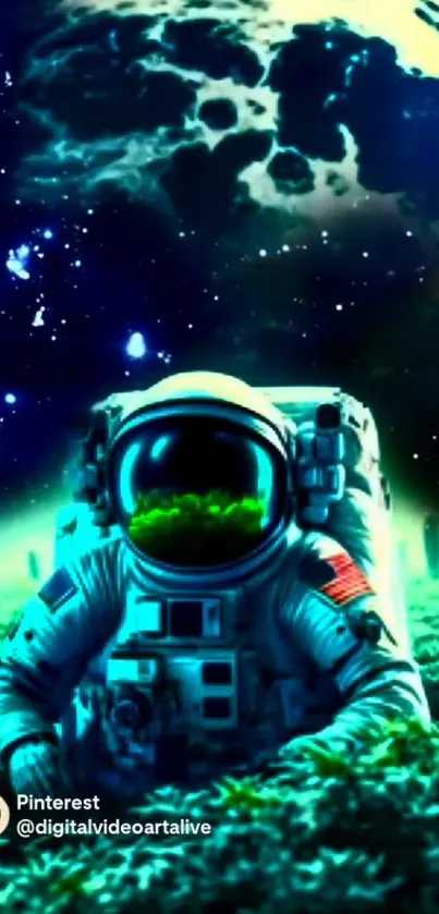 Astronaut exploring a vibrant cosmic landscape under a glowing galaxy sky.