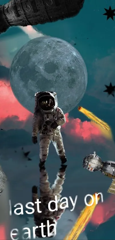 Astronaut standing in cosmic scene with moon and meteors.