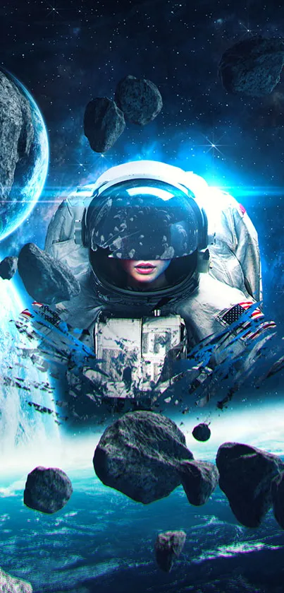 Astronaut floating in space amidst cosmic scenery with asteroids.