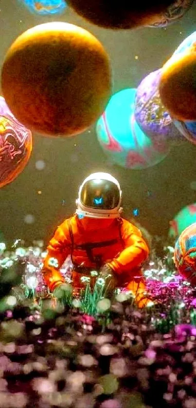 Astronaut in a cosmic meadow with colorful floating planets.