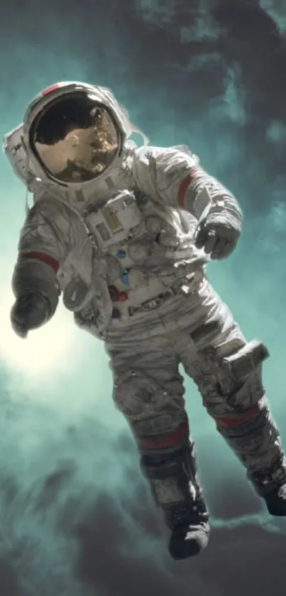 Astronaut floating in mystical cosmic mist wallpaper.