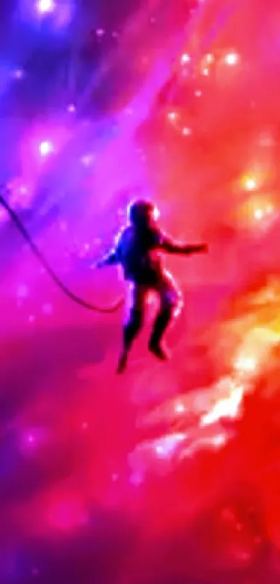 Astronaut floating in colorful cosmic nebula wallpaper.