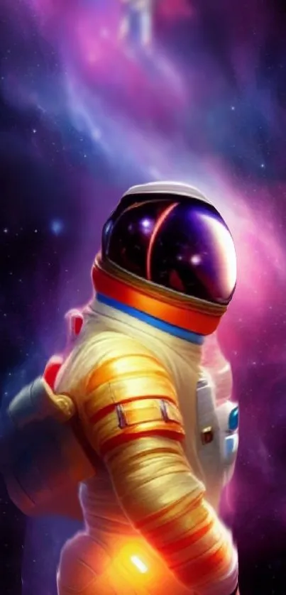 Astronaut in vibrant cosmic nebula wallpaper with stunning colors.