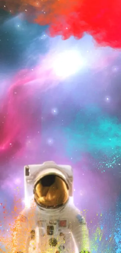 Astronaut floating in vibrant cosmic nebula with colorful space backdrop.