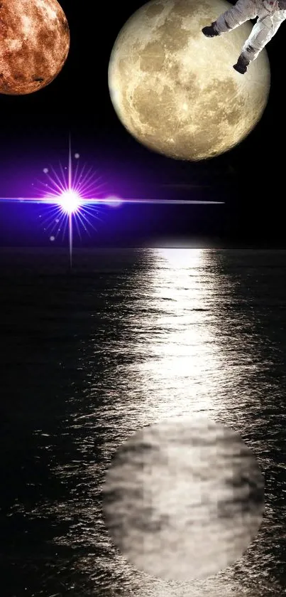 Astronaut floating in a cosmic night scene with moons and reflective water.