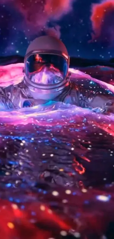 Astronaut in vibrant cosmic ocean with neon colors.