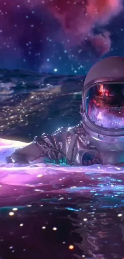 Astronaut floating in a cosmic, colorful ocean with a galaxy backdrop.