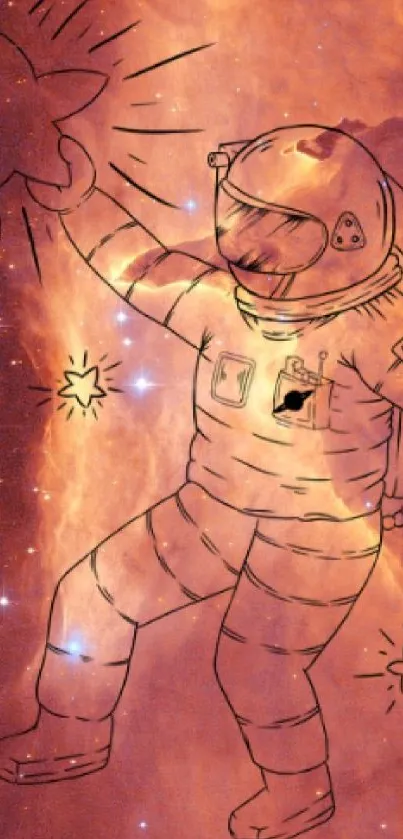 Astronaut floating in an orange nebula with stars.