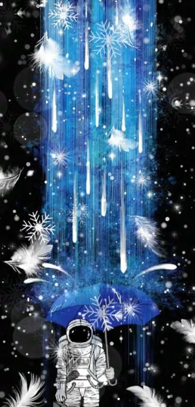 Astronaut under blue rain with feathers and snowflakes on mobile wallpaper.