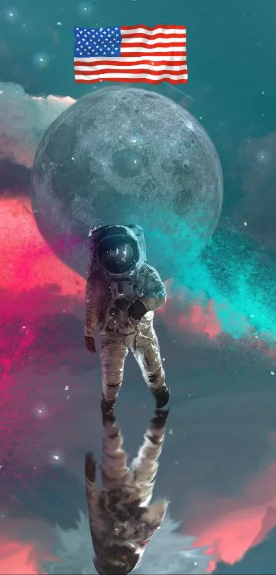 Astronaut reflected with moon and vibrant colors in a cosmic scene.