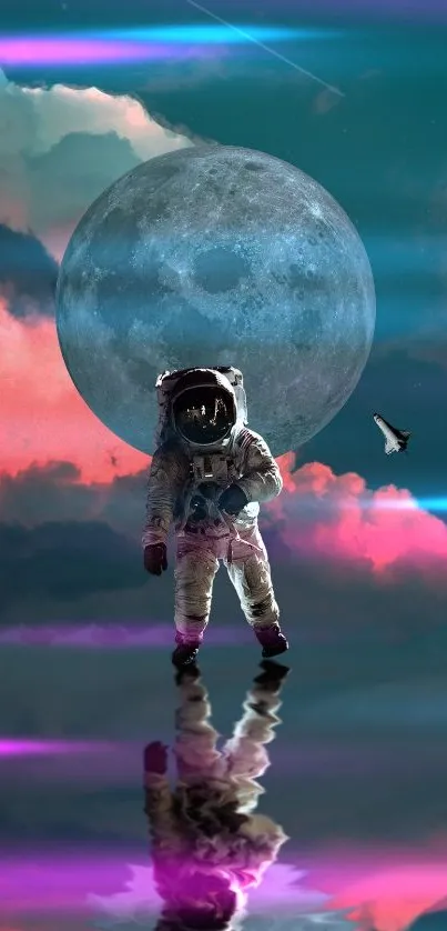 Astronaut stands on reflective surface beneath a large moon with colorful clouds.