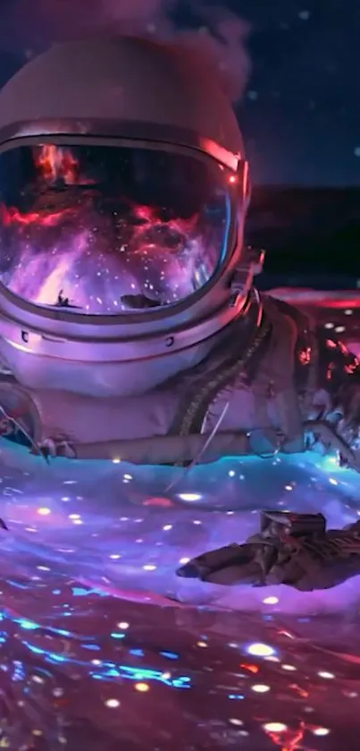 Astronaut floating in vibrant cosmic river under a star-speckled sky.