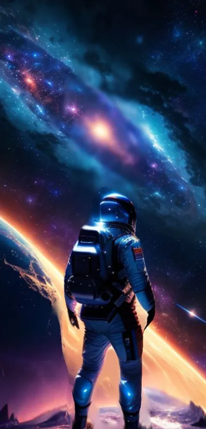 An astronaut stands against a cosmic galaxy backdrop, enveloped in starry skies.