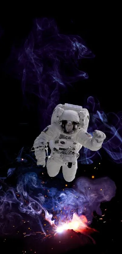 Astronaut floating in cosmic smoke with a dark background.