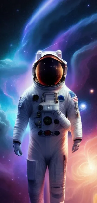 Astronaut floating in colorful cosmic space with swirling clouds and stars.