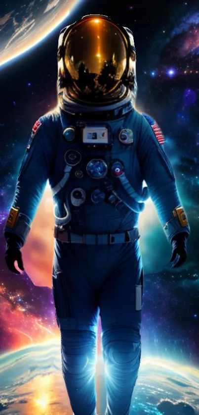 Astronaut in a vibrant cosmic galaxy scene with planets and stars.