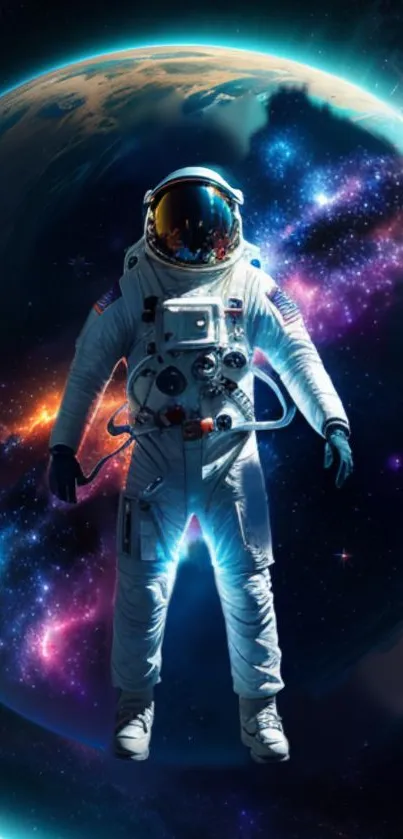 Astronaut floating in vibrant cosmic space with galaxy backdrop.