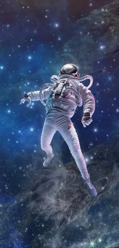 Astronaut floating in a cosmic, starry space scene.