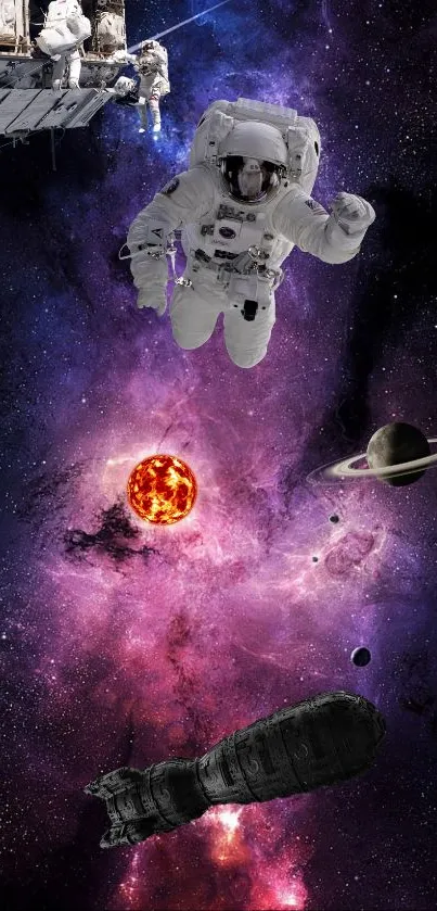 Wallpaper featuring an astronaut floating in space with a vivid cosmic background.