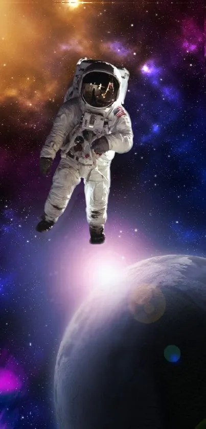 Astronaut floating in vivid space with cosmic colors and planets.