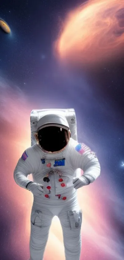 Astronaut floating in cosmic space with galaxy backdrop.