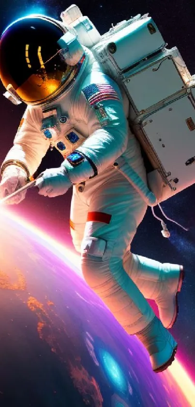 Astronaut floating above Earth in a cosmic space scene.