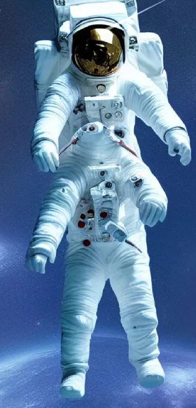 Astronaut floating in cosmic space with stars and planets.