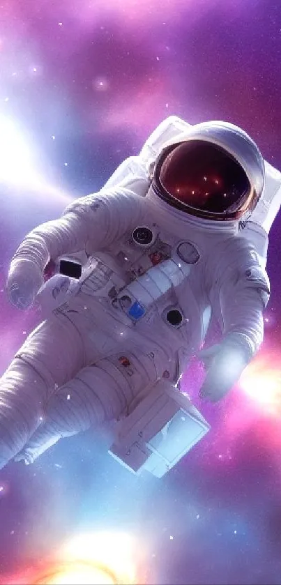 Astronaut floating in a colorful cosmic space with a galaxy background.