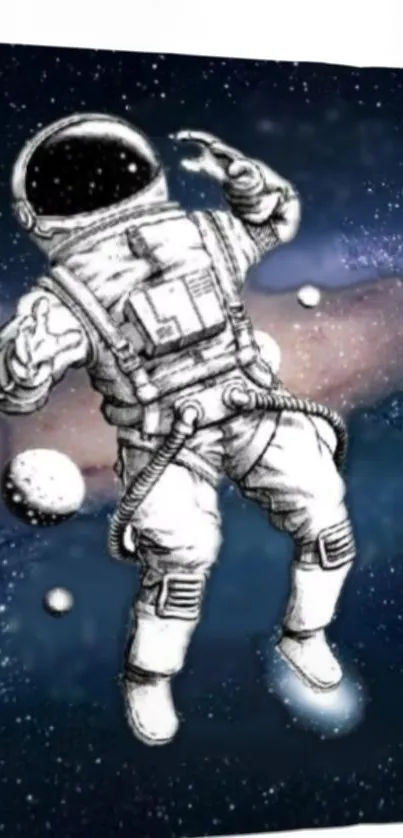 Astronaut floating in cosmic space with stars and planets around.