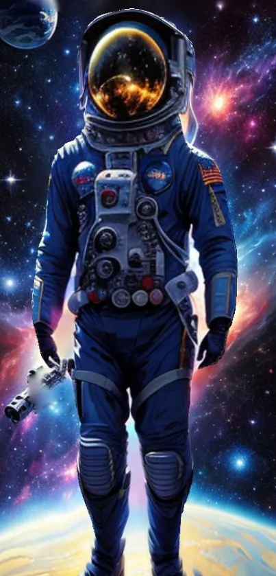 Astronaut in a vivid galaxy with dark blue and pink space elements.