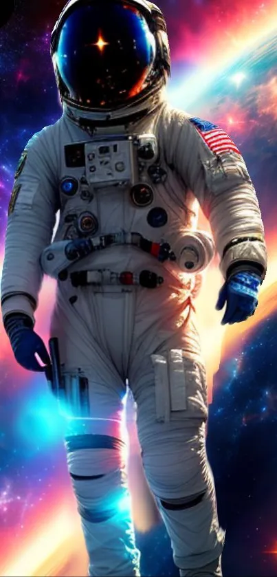 Astronaut floating in vibrant space scene with colorful nebulas.