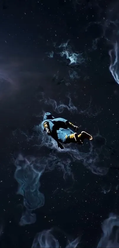 Astronaut floating in cosmic space with a dark blue galaxy background.