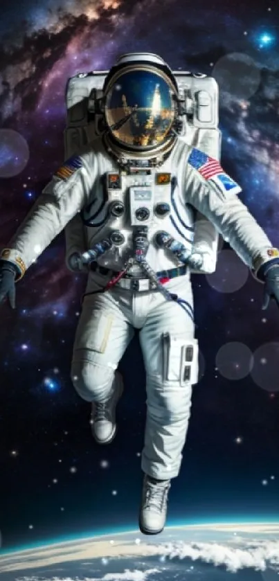 Astronaut floating in cosmic space, surrounded by stars and galaxies.