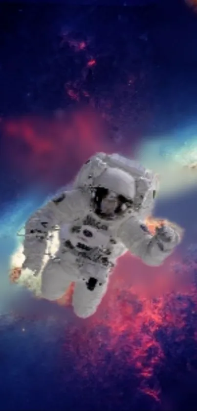 Astronaut floating in vibrant cosmic space wallpaper.