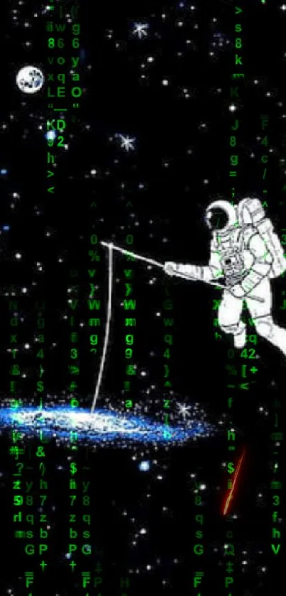 Astronaut fishing among stars in cosmic space art wallpaper.