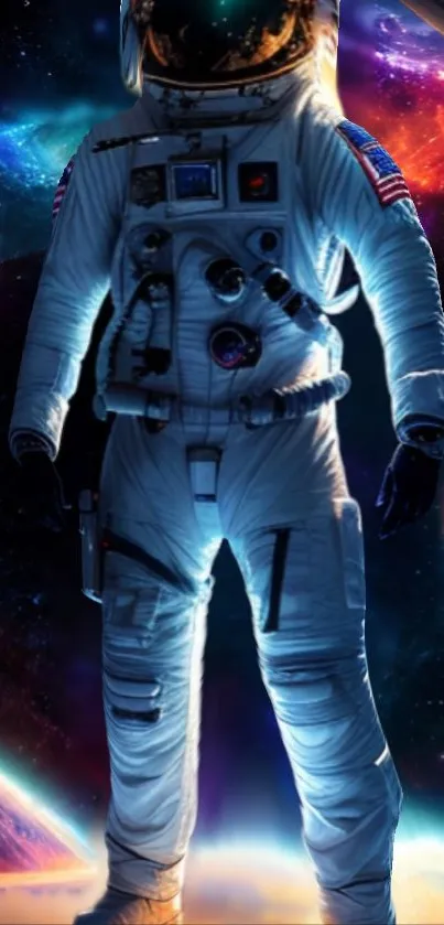 Astronaut standing in vibrant cosmic space with galaxies and planets.